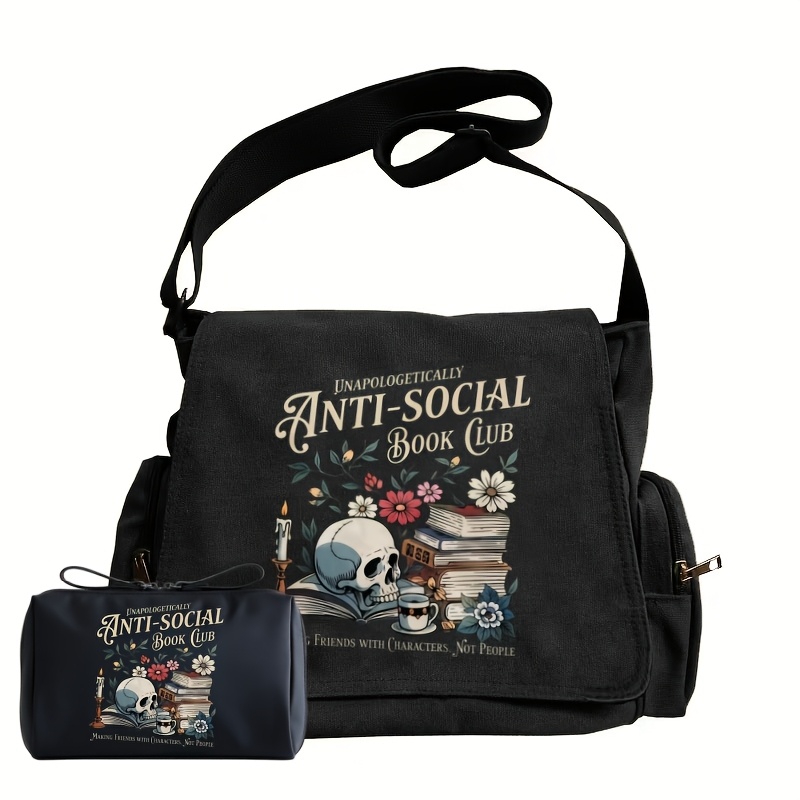TEMU 2pcs Women' Set: Shoulder Bag With Makeup Pouch, Large Capacity Flap Vintage Tote, Crossbody Messenger Bag. Features A Book, Skull, And Bouquet