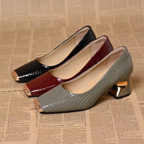item picture metal square toe shallow mouth chunky heel single shoes french style fashionable versatile high heels womens solid color high heels square toe plus size slip on womens business shoes french chunky heel shoes