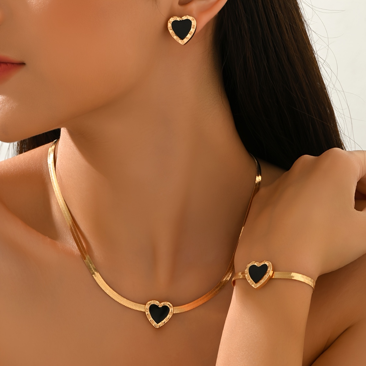 TEMU 3pcs Spring Summer Women's Jewelry Set, Elegant Exquisite Metallic Style Snake Bone Chain Heart Pendant Necklace And Matching Stud Earrings