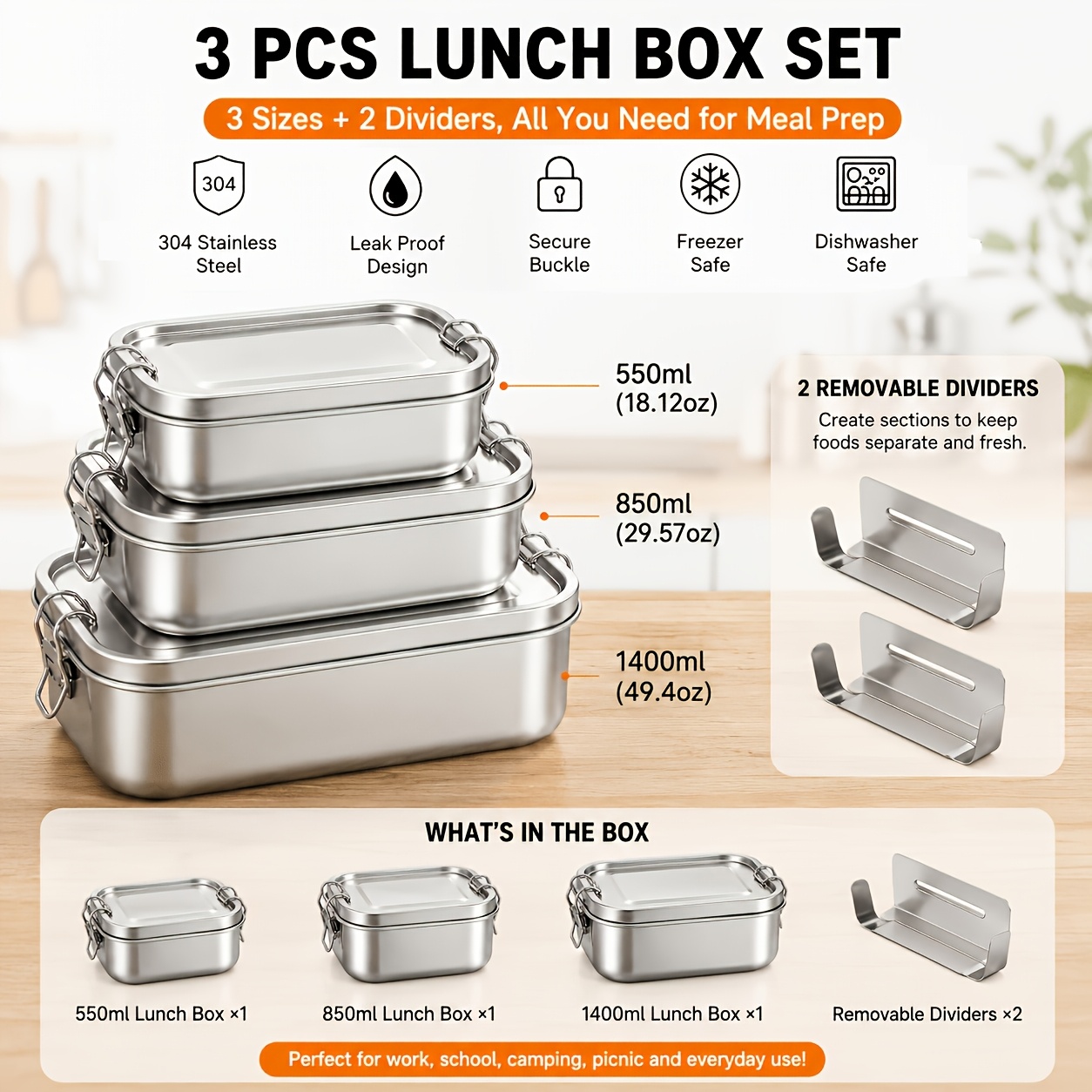 Image of 304 Stainless Steel Food Container With Divider, Portable Leakproof Bento Lunch Box With Secure For Office, School And Outdoor Use