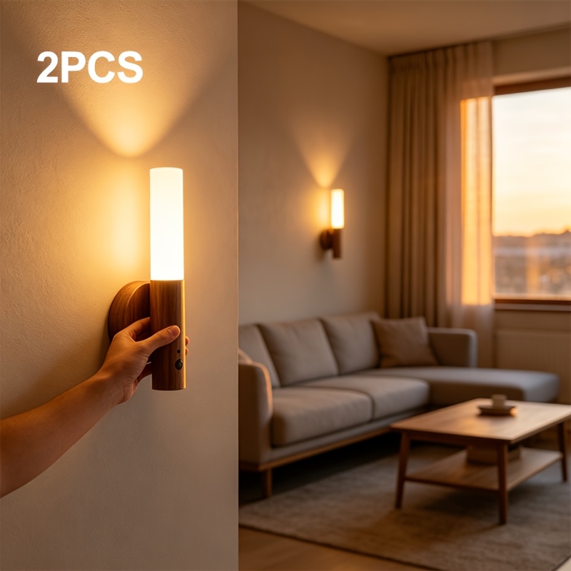 TEMU Detachable Magnetic Wooden Led Wall Sconce Rechargeable Motion Sensor Night Light Portable Handheld Reading Lamp Wireless Closet Cabinet Bedside