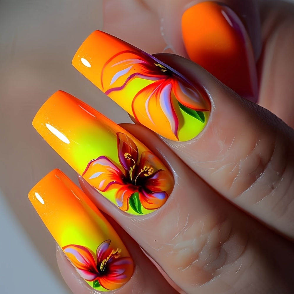 TEMU 24pcs Of -yellow Gradient Flower Fake Nails, Removable False Nails, Stylish Ombre Manicure, Medium-length Ballet Design Nails, Press-on Nails,