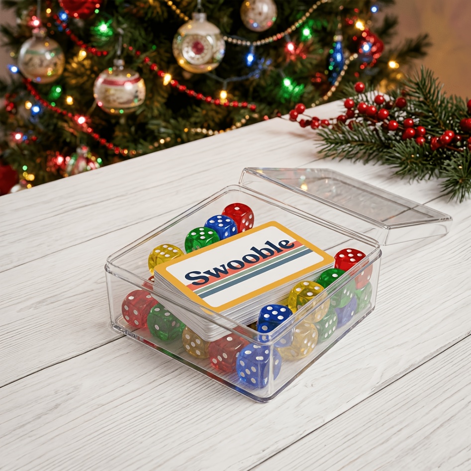 TEMU Swooble - Fast- Card Dice Game Set, Transparent Storage Box Packaging, Multi-colored Dot Dice With Multi-colored Base Cards, Includes 20pcs