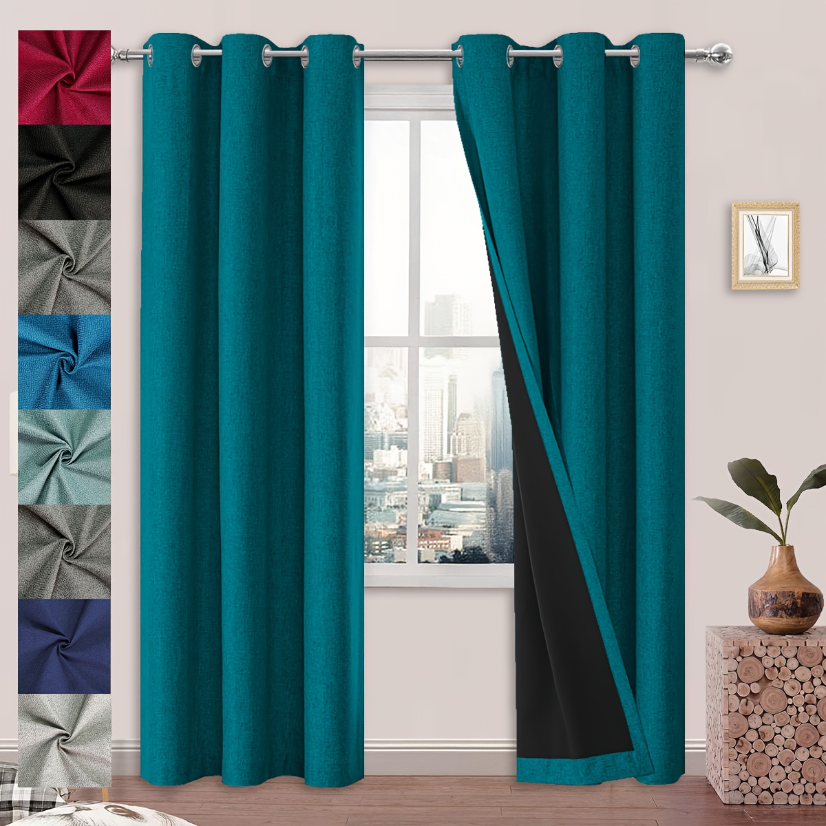 2pcs Stylish Blackout Curtains - Polyester Grommet Top For Bedroom & Living Room, Lightweight & Privacy Enhancing, Dark Blue & Neutral Tones, Home , Curtains For Living Room