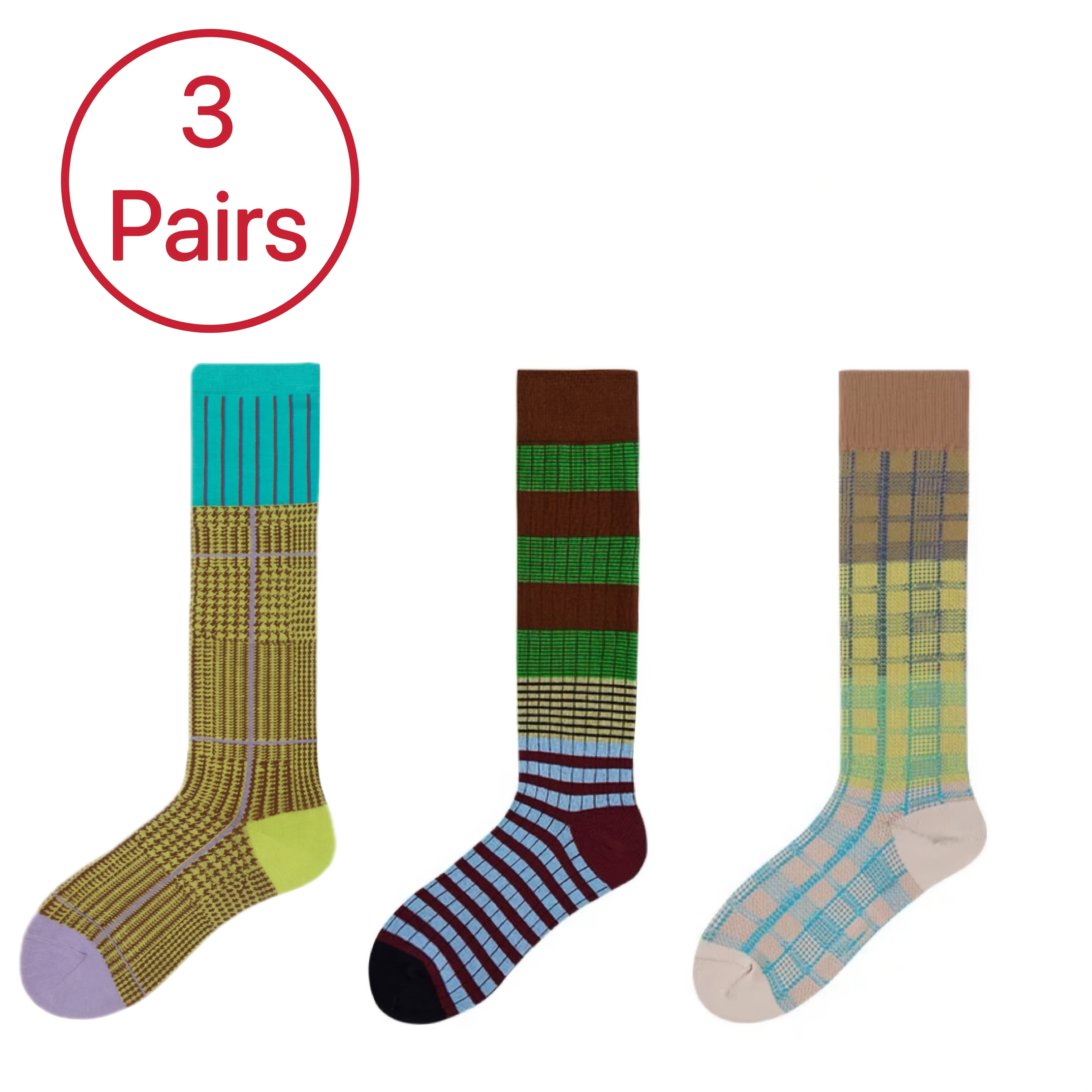 

3 Pairs Women's Retro Geometric-patterned Polyester & Spandex Knee-high Socks, 300g/m² Knit Fabric, Hand Washable - Green Checkered & Brown Striped Designs