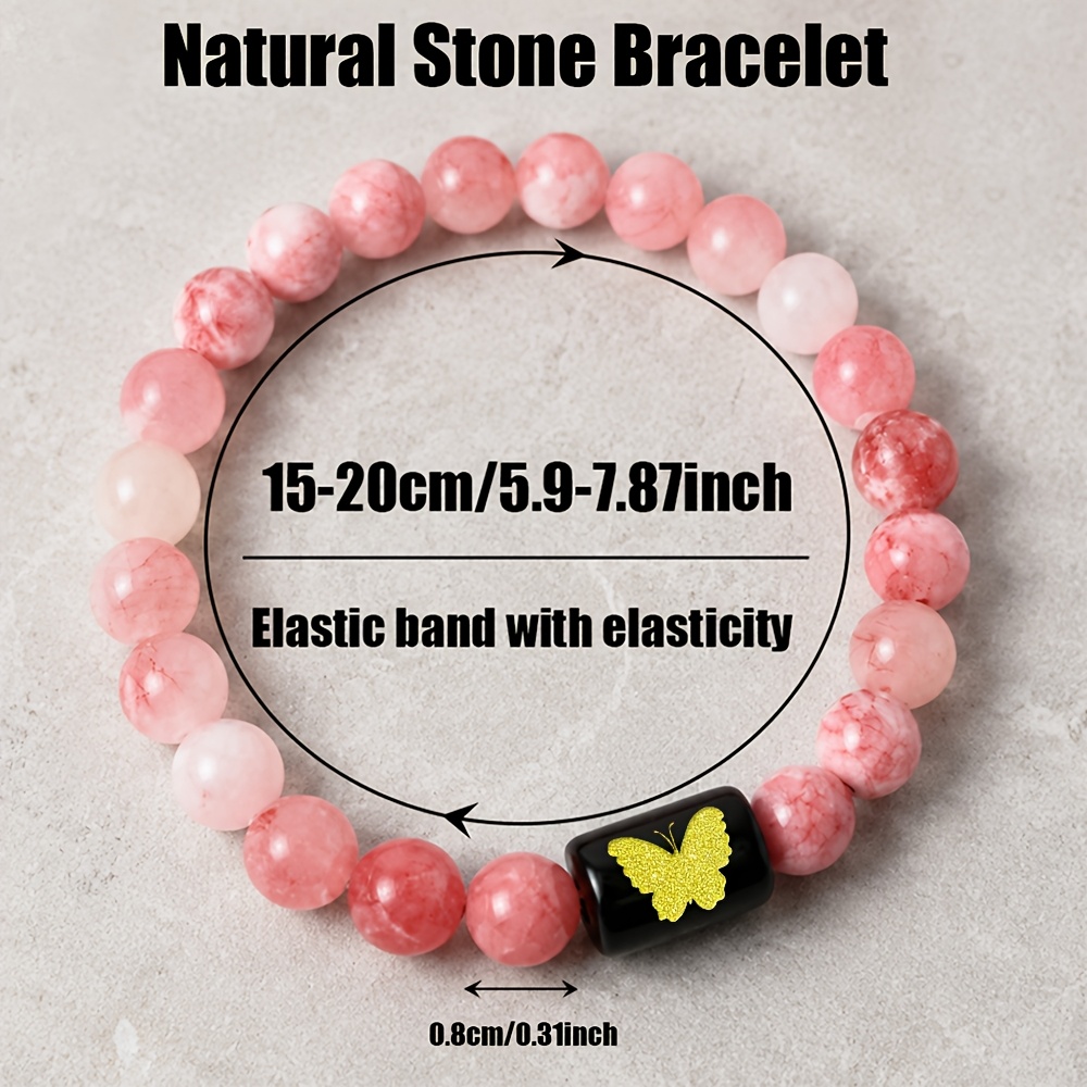 Women's Natural Agate Beaded Bracelet with Golden Engraved Butterfly