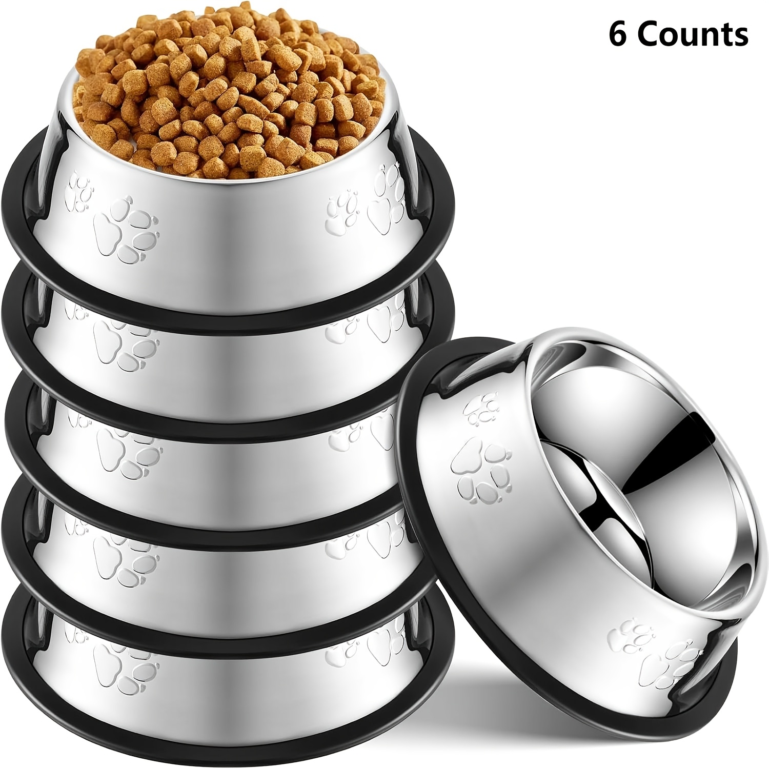 Image of 6pcs Stainless Bowls With Non-slip Rubber Base - Paw Print Design Pet Feeding & Watering Dishes For Small To Medium Dogs And Cats, Durable And Stylish Pet Supplies