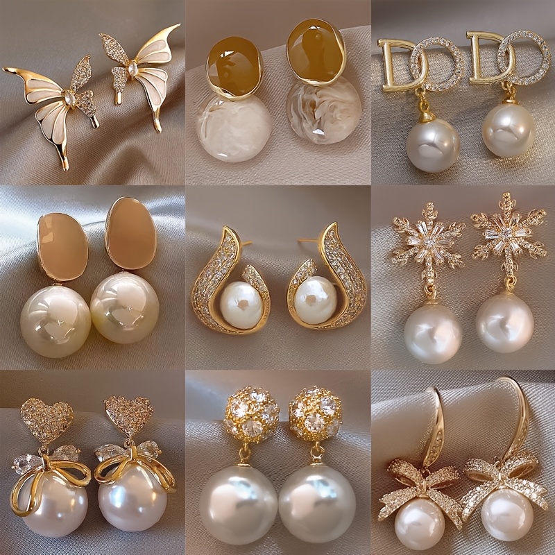 TEMU 4 Pairs/10 Pairs Autumn Winter Mallard Color Earrings Set | Gentle Simulated Pearl Earrings Set | Bowknot, Snowflake, Flame, Heart Ear Studs Set