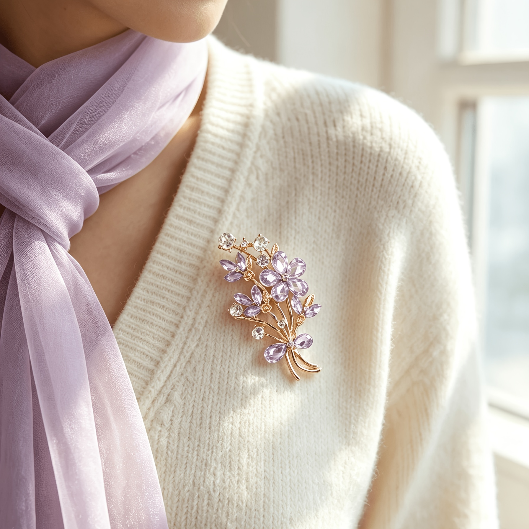 TEMU 1pc /korean Style Pale Purple Brooch With Engraved Golden & 3 Flower Branch - Suitable For Evening Gowns, Wedding Dresses, Blazers, Collars -