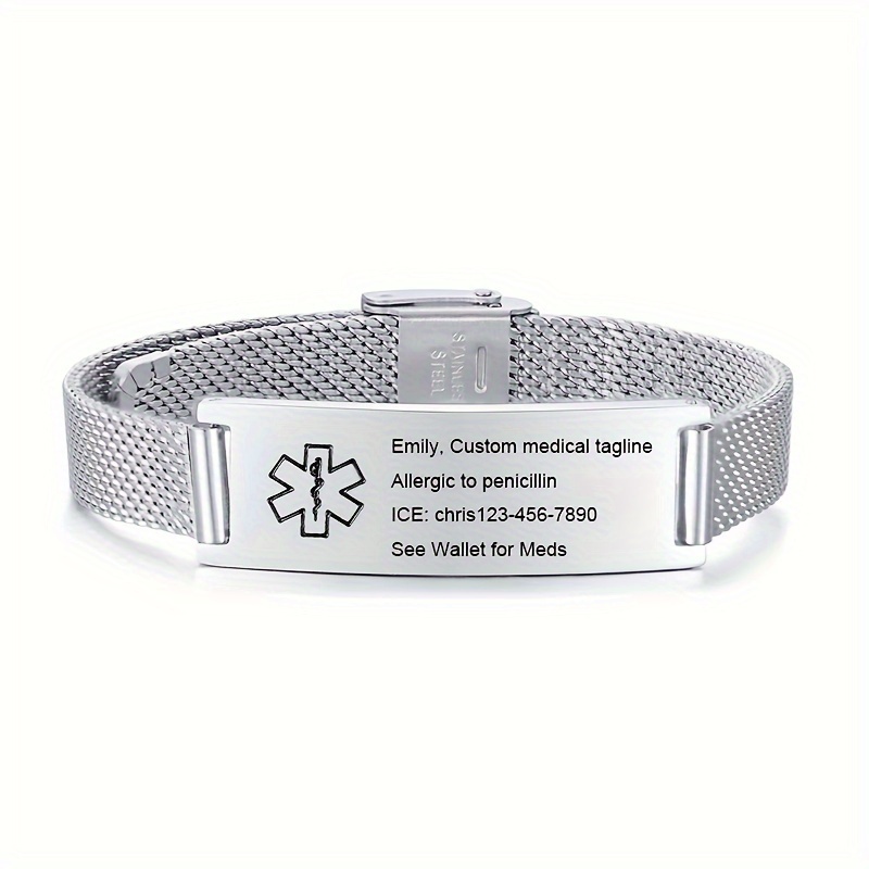 TEMU Pulsera de malla de acero inoxidable con , personalizable con medida para , grabable , ajustable