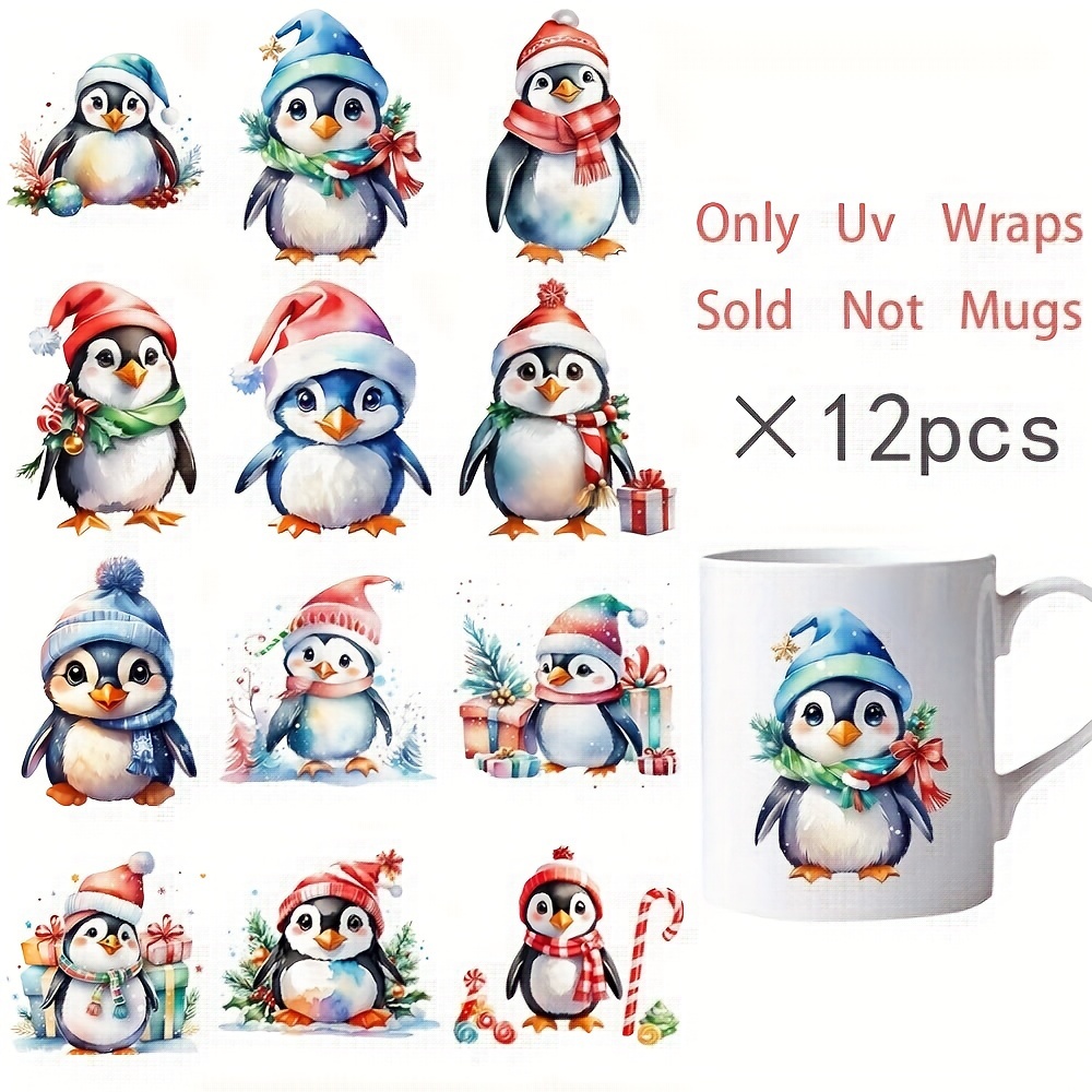 

12-piece Christmas Penguin & Hat Diy Glass Jar Stickers - Uv Dtf High Adhesive Decorative Wraps For Coffee Cups, Skinny Tumblers - Perfect Holiday Gift