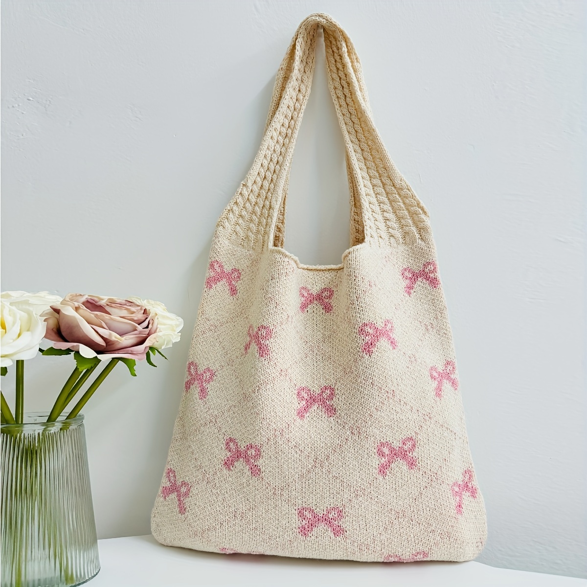 

Fashion Bowknot Knitted Bag, Large Capacity Shoulder Tote Bag, Women's Casual Handbag For Daily Use