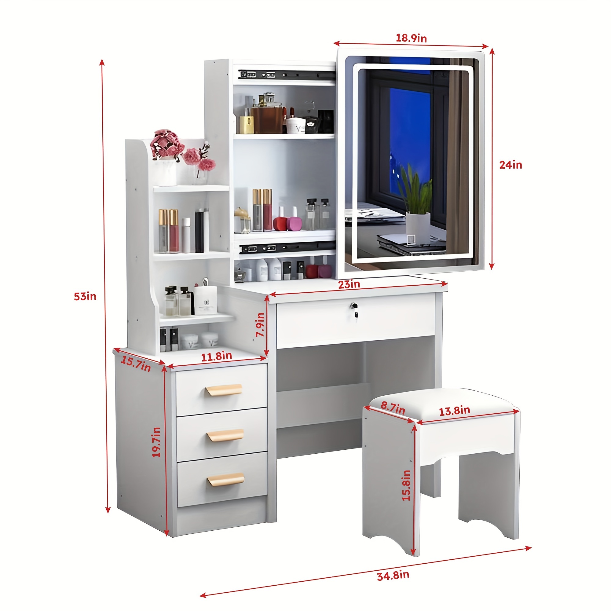 A Sophisticated White Vanity Set Featuring a Sliding Mirror And Stool, Equipped with Four Drawers, Perfect for Upscale Bedrooms in Compact Living Spaces