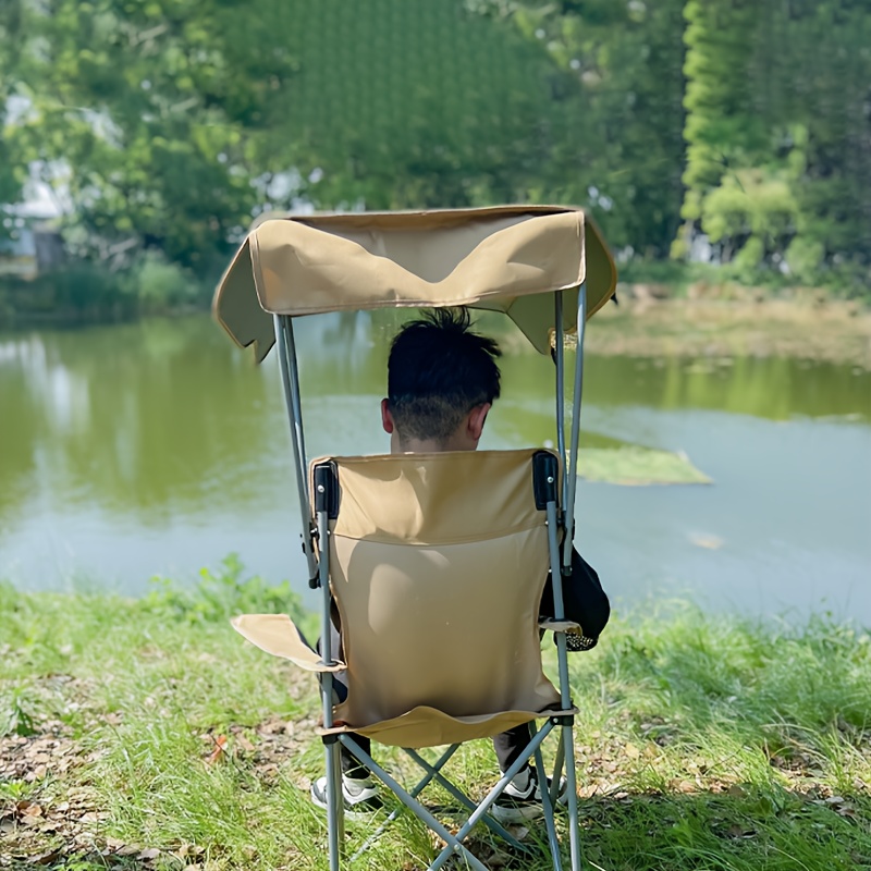 foldable camping chair with sunshade and armrest outdoor portable fishing picnic chair adult steel bracket durable oxford fabric seat cup holder leisure chair for bbq camp activities details 5