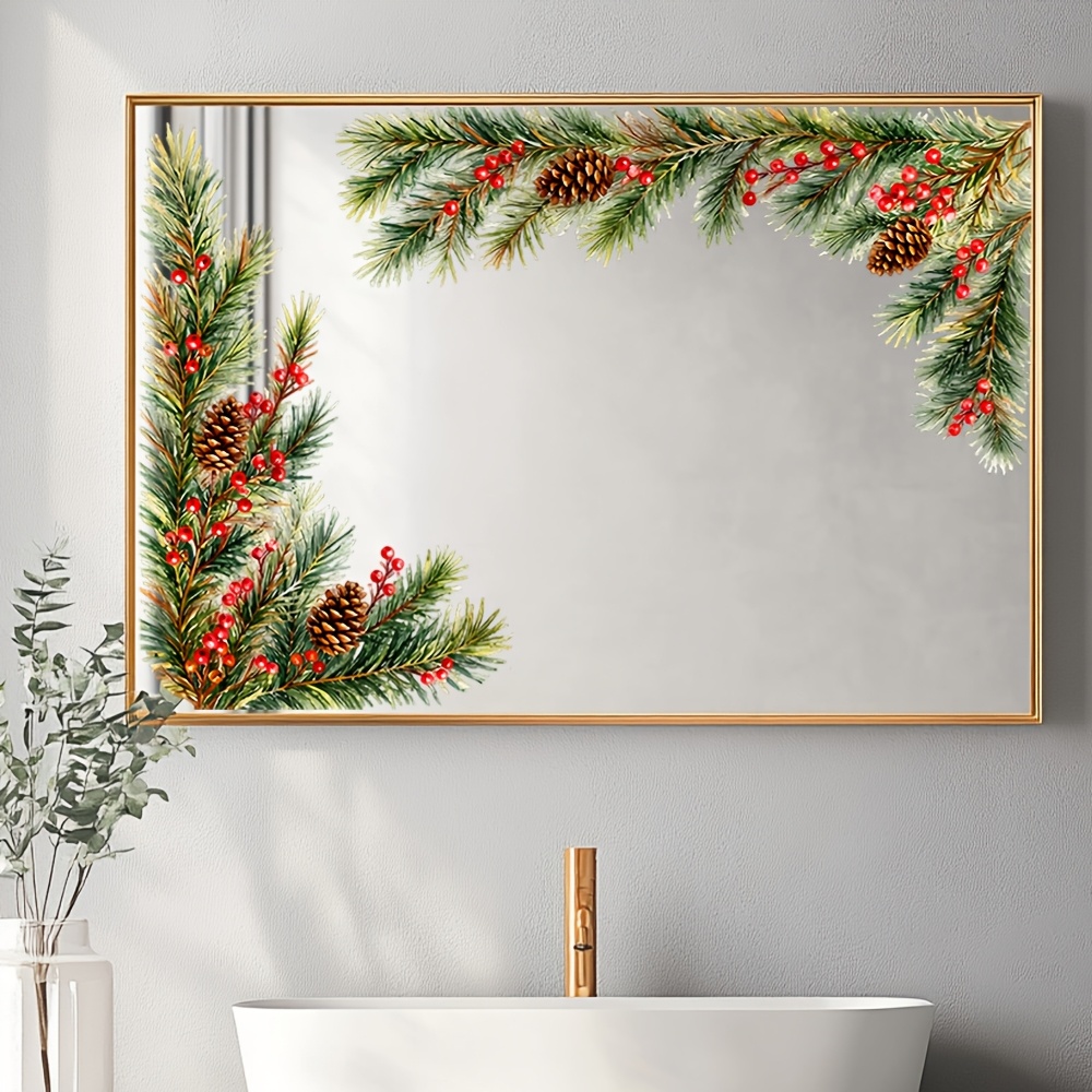 TEMU 1pc Christmas Pine Branch With Red Berries Glass Sticker, Vintage Watercolor Hanging Holly Border, Adhesive-free Glass Sticker For Bathroom,