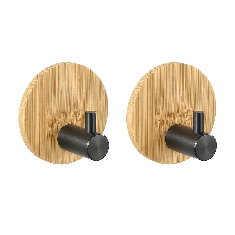 2/4pcs Wall-mounted Self-adhesive Hooks | Stainless Steel Towel Hangers With Modern Wood Base, No Drilling Required, Brushed End For Kitchen And Bathroom