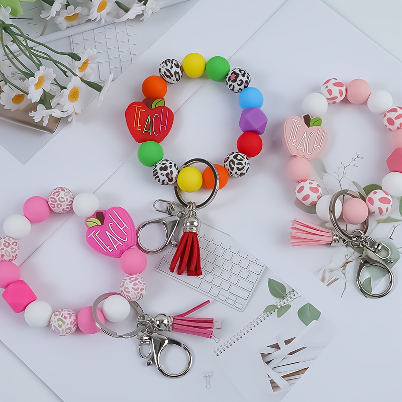 TEMU 3pcs/set Teach Silicone Bead Bead With Short Tassel Women's Key Ring Anti Loss Keychain Graduation Season Homecoming Season Holiday Gift Teacher's Day Gift