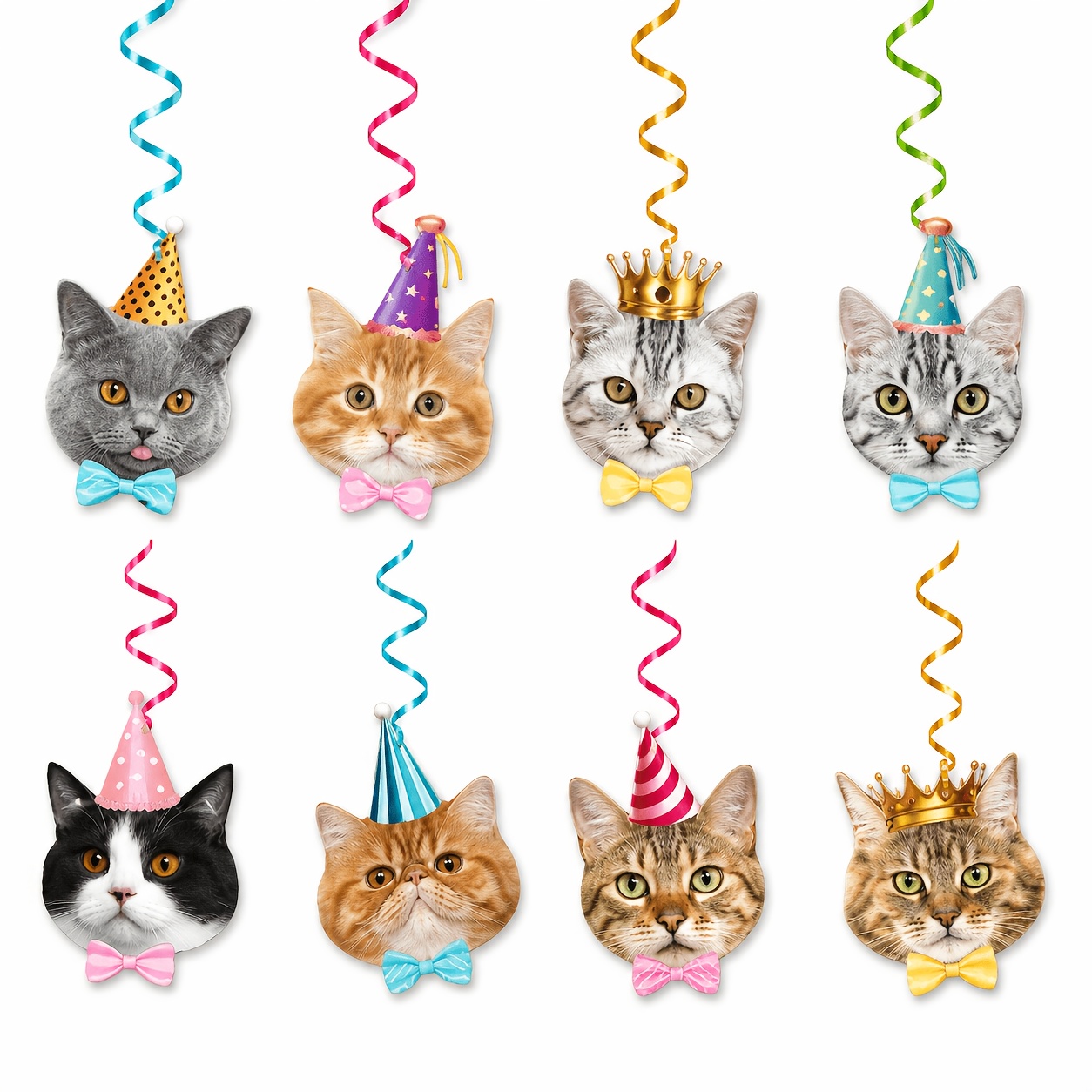 TEMU Set Of 8 Adorable Cat Spiral Pendants, Featuring Cat Head Portraits With Top Hats, Crowns, And Bow Tie Patterns, Pet-themed Ceiling Hanging