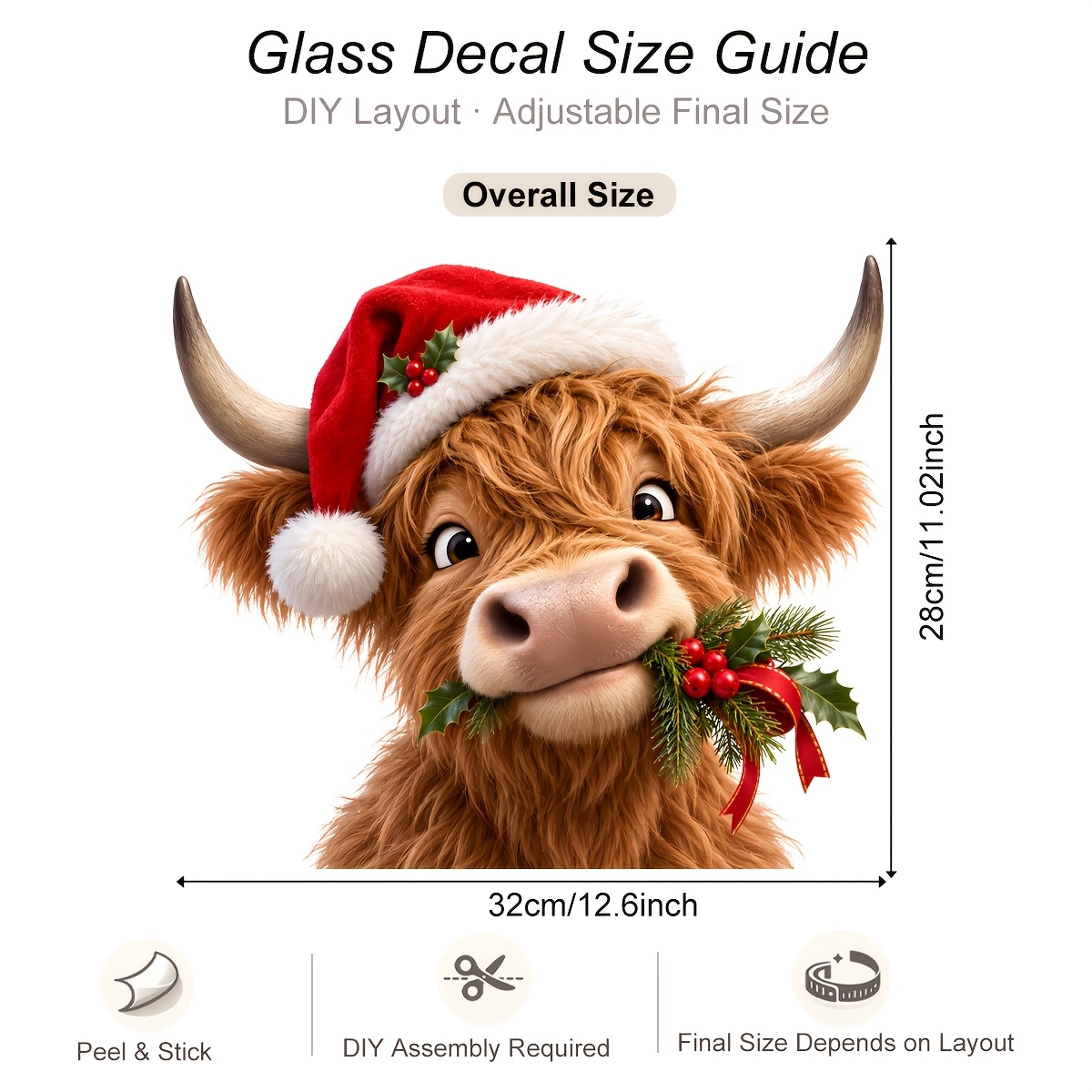 TEMU 1pc Christmas Highland Cow Window Cling Cute Cartoon Animal With Santa Hat Reusable Glass Decal For Room Bedroom Holiday Christmas Window
