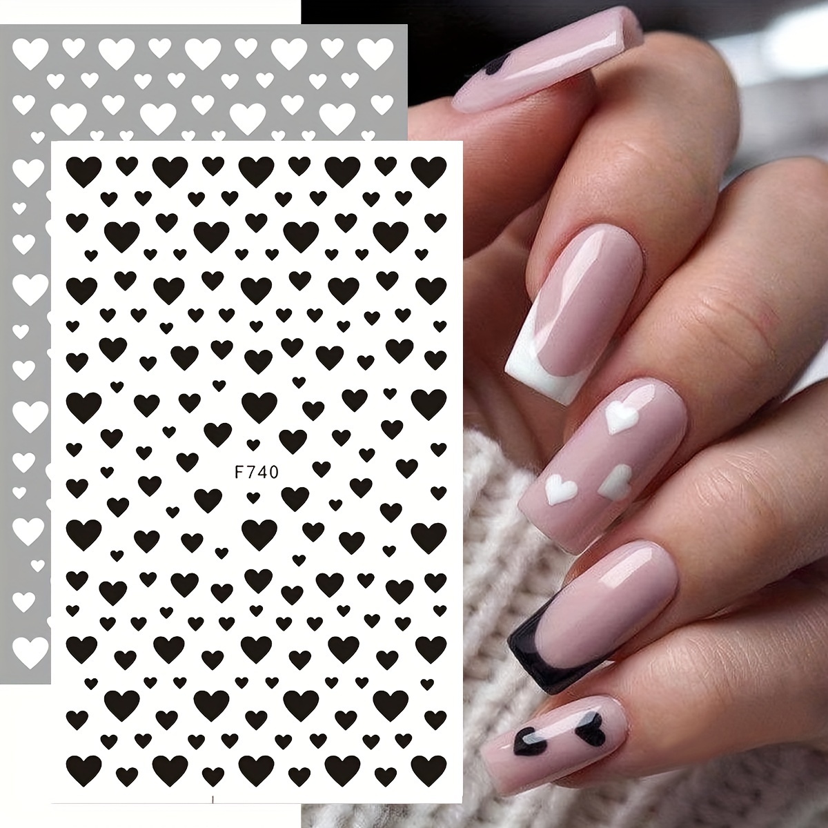 

Heart Patterned Nail Art Stickers & Decals F740, Plastic Self-adhesive Embroidered Nail Embellishments, Single Use, Fantasy Theme, Glossy Finish, Unscented - Pack Of 2 Sheets (black & White)