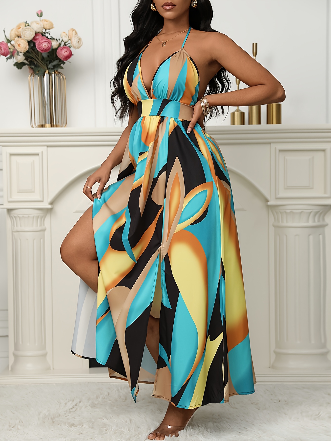 womens tropical floral print maxi dress high slit vacation - Temu South  Africa