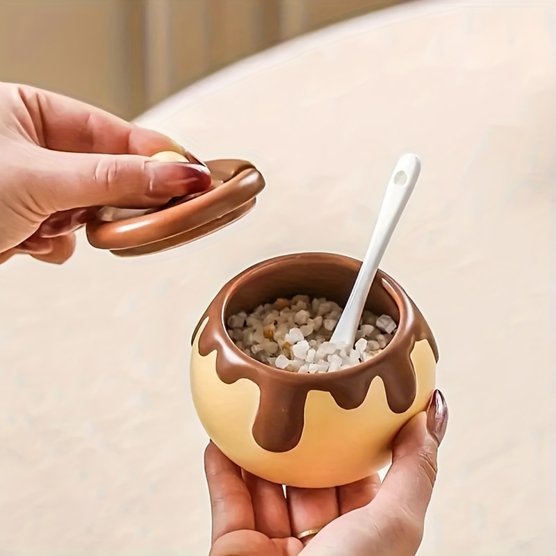 ceramic spice jar with spoon beige   decor mini condiment container with matching spoon cute tabletop decoration for countertop dining table or gift ideal for spices sugar coffee easy   countertop organizer Product details 2
