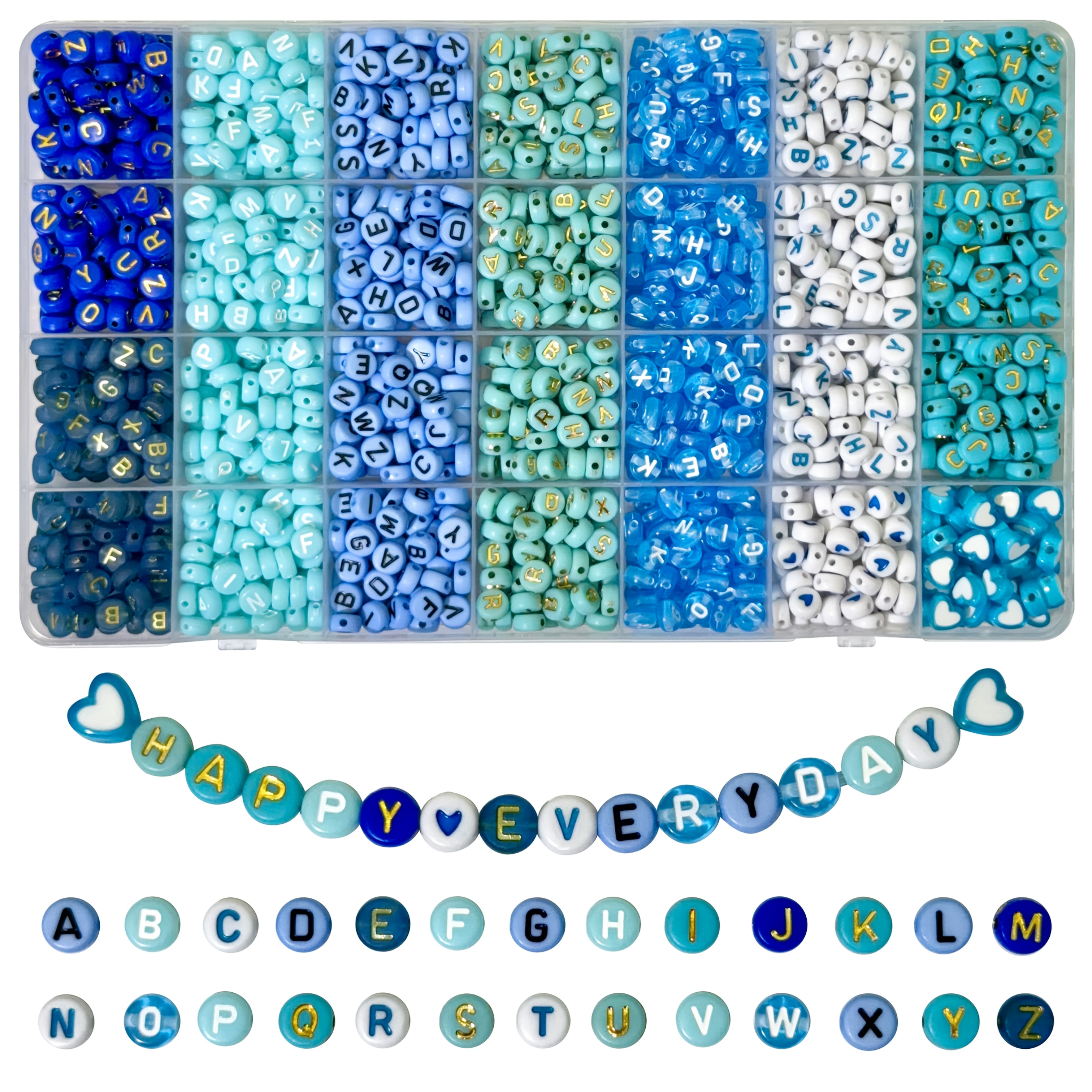 E-shop 1400 Stück Hochwertige Blaue Serie Weiße, Schwarze, Goldene Buchstabenperlen und Herzförmige Acrylperlen | Schmuckherstellungsset für,