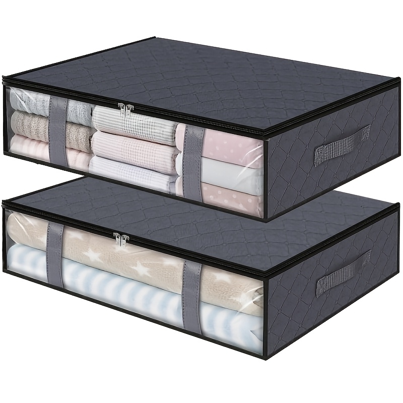TEMU Ensemble de 2 sacs de rangement pour lit, boîte de rangement de grande de 40 litres pour vêtements et literie, avec fenêtre transparente, tissu