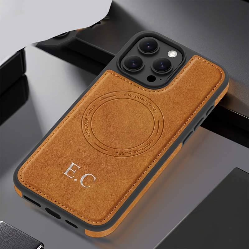 TEMU Phone Case: Personalized Letters Faux Leather Support Wireless Charging Magnetic Phone Case For Iphone 16 15 14 13 12 11 Pro Max Shockproof