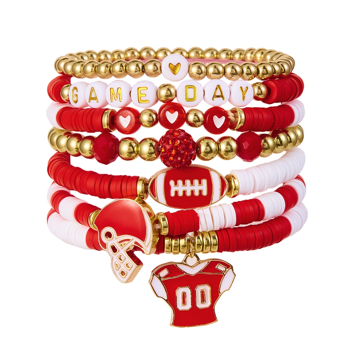 TEMU Game Day Football Stackable Bracelet Set, Beaded Bracelets Polymer Clay Heishi Stretch Bracelet With Football Helmet Charm For Sports Game Party