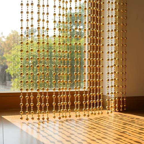 set of 3 total length 3 meters 118 2 inches golden shimmering beaded curtains bead strings decorative ambiance settings hanging smooth end light reflection sunlight light interior decor windowsill entryway