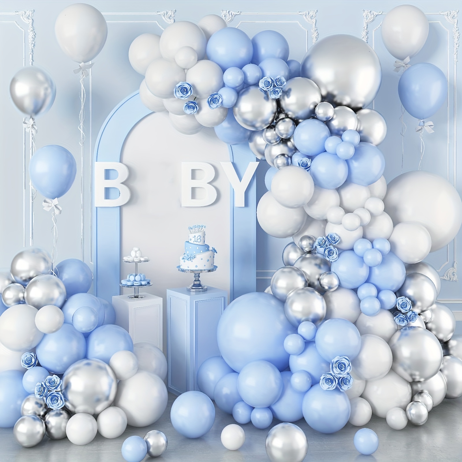 

104pcs Blue Silvery White Balloon Garland. For Gender Revealing Anniversary Bachelor Party Graduation Birthday School Opening Wedding Graduation Decorations