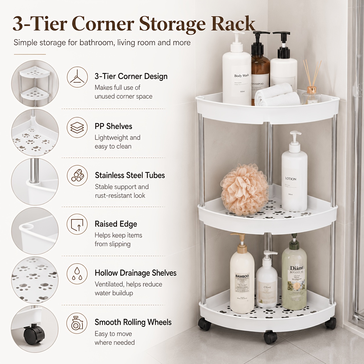 TEMU 1pc Space-saving 3-tier Triangular Corner Shelf, Pp Plastic And Stainless Steel Material Storage Cart, White Wheeled Moveable Organizer, Black
