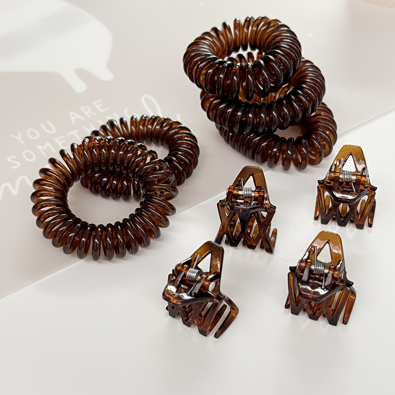 Image of 9pcs Set Of Telephone Wire Hair Bands With Special Shape Mini Clips And Broken Hair Clips, High Elastic Easy Solid Color Hair Bands With Small Leather Case And Coil Rubber Bands