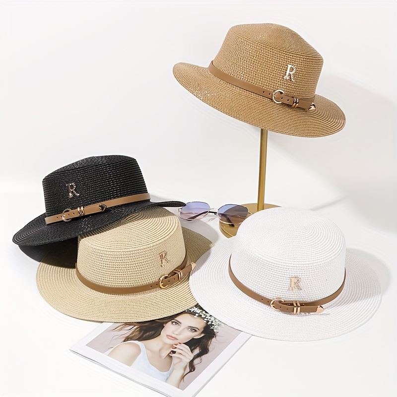 Classic Belt Decor Sun Hat Trendy British Style Flat Brim - Temu