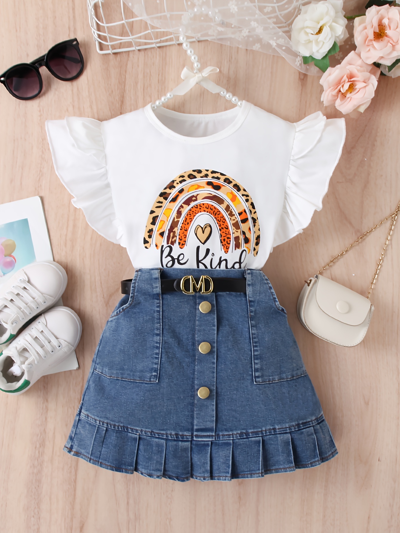 Girls' Print Ruffle Top Denim Skirt Set with Belt White T-Shirt with  Rainbow Blue Denim Skirt with Golden Buttons