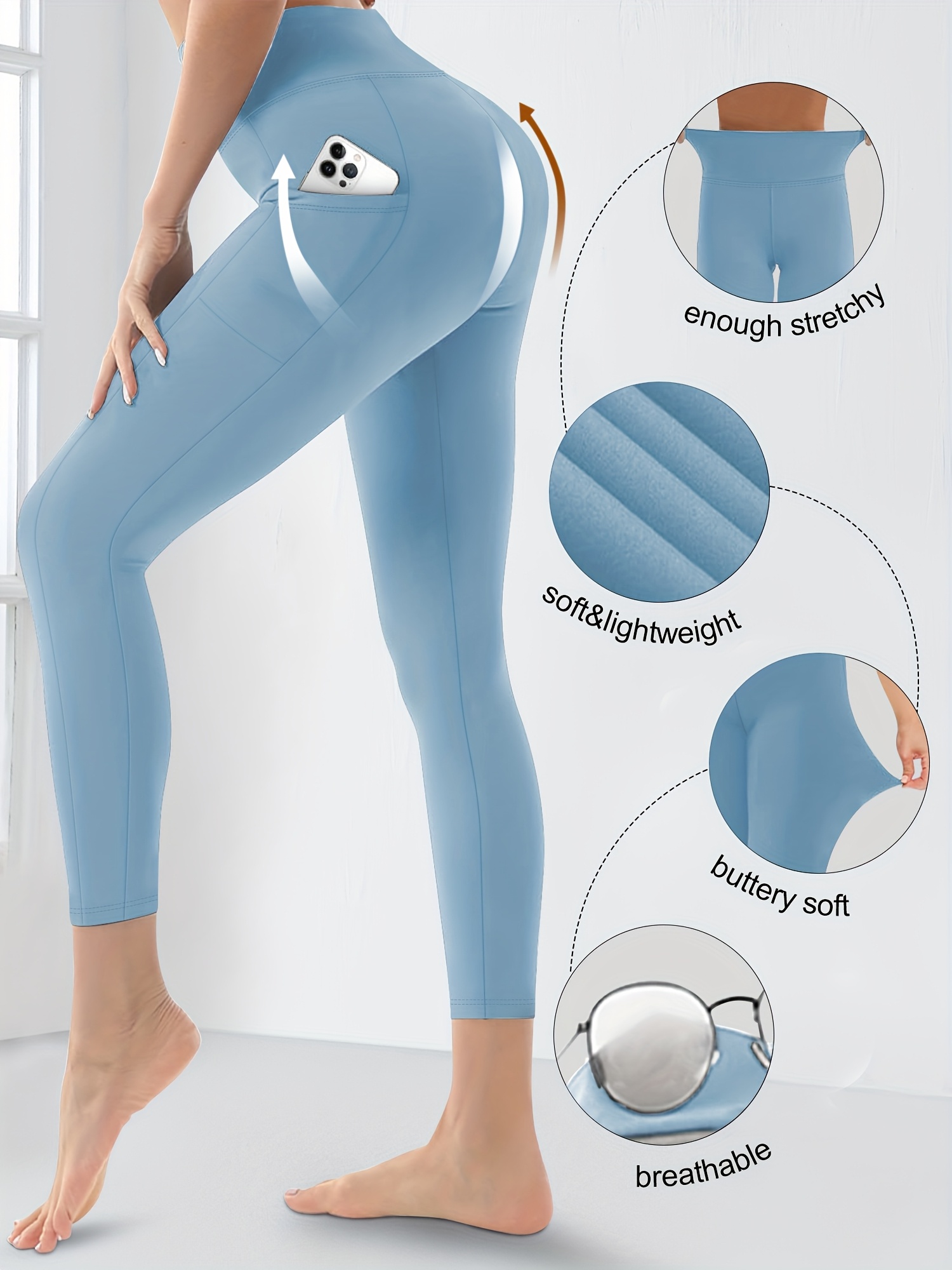 Plus Size High Waist Yoga Pants with Side Pockets - 88% Polyester 12% Elastane Stretchy Tummy Control Leggings, Sculpting Workout Gym Activewear for Women, All-Season Comfort (Machine Washable)