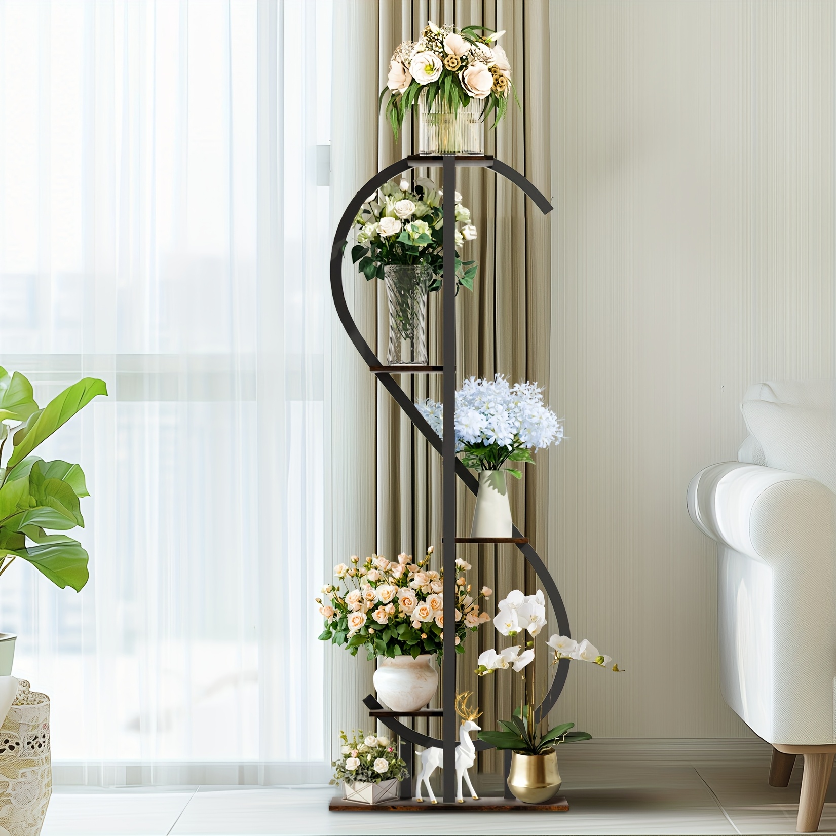 Image of 5-tier Indoor Plant Stand, Corner Plant Stand With Hanging Hooks And Gardening Tools, Aesthetic Tall Plants Shelf For Multiple Plants Flower Pot, Outdoor Plant Holder Balcony