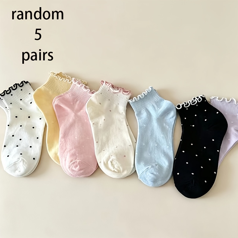 TEMU Random 5-pair Set Of Women's Polka Dot Socks With Wood Ear Mushroom Lace Design, Trendy And For , Versatile And Comfortable For Daily Wear