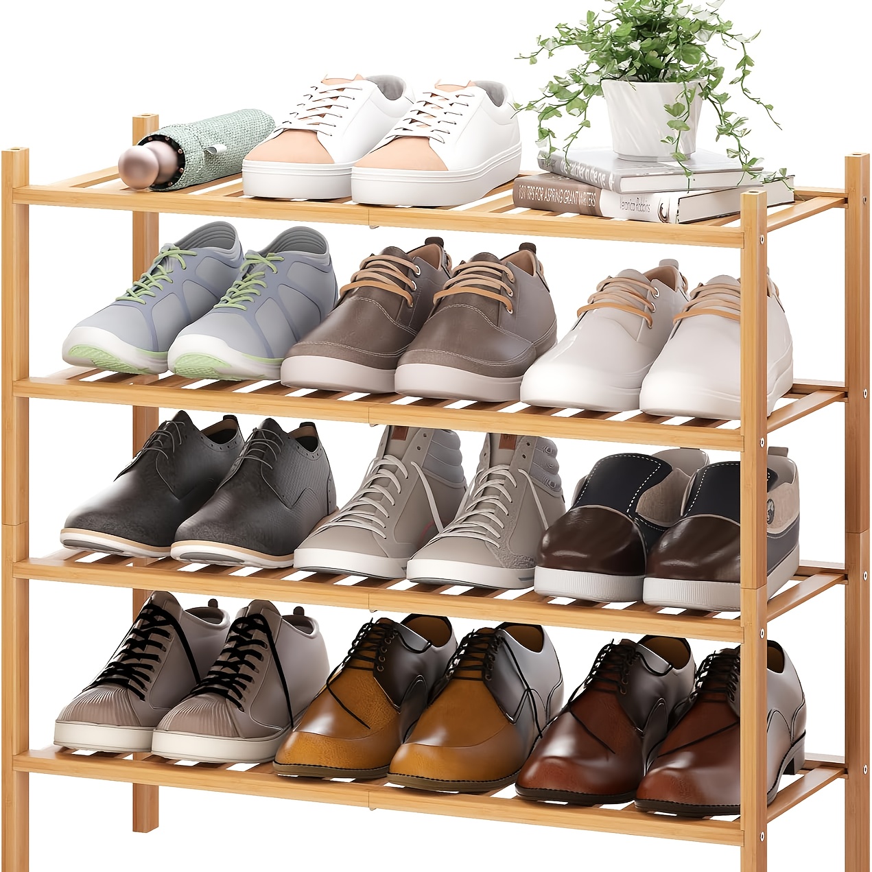 4 tier bamboo shoe rack for entryway stackable foldable natural shoe organizer for hallway closet free standing shoe racks for indoor outdoor details 0