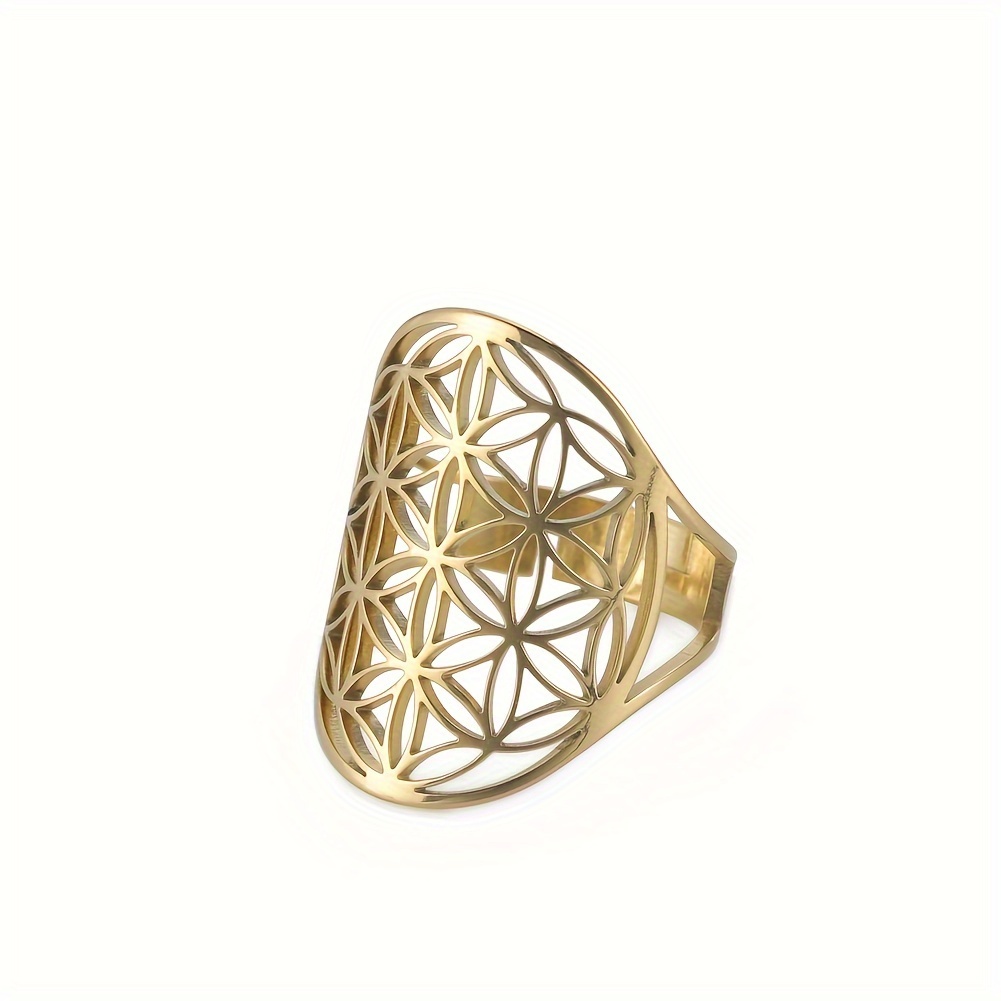 Image of 1pc Men's Hollow Small Flower Of Life Fine Oval , Stylish And Hollow Large Flower Of Life Fine Oval Wedding Ring, Anniversary Gift, Valentine's Day Gift