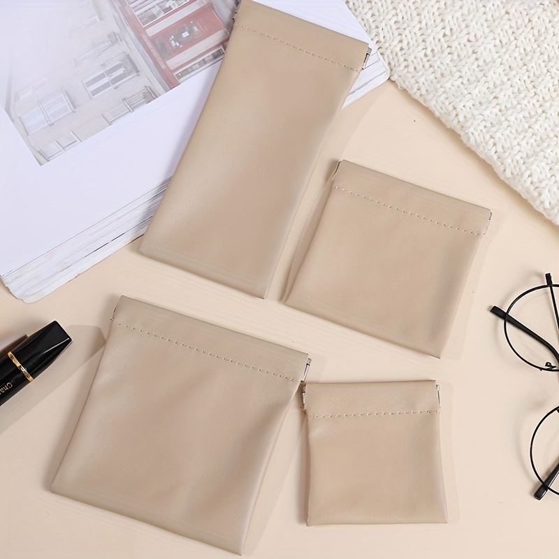 TEMU 4-piece Set Pu Leather Pouches, Automatic Snap Closure Storage Bags For Sunglasses, Coins, Jewelry, Cosmetics, Earphone Cords, Mini Organizing Bags