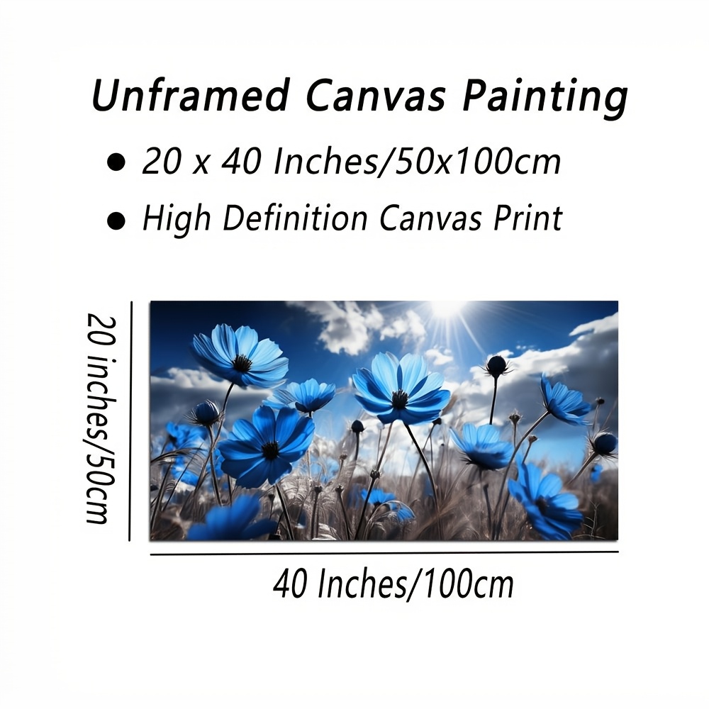 TEMU Art sur toile floral bleu, 20x40 pouces, peinture à l'encre de couleur unique abstraite, Déco moderne bohème, décoration murale cadre , , , , à