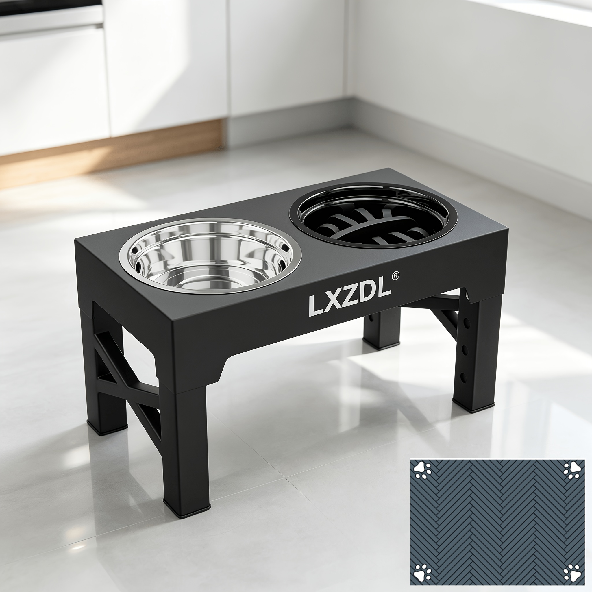 TEMU 1 Set Adjustable-height Pet Feeder With 5 - Cat Bowl And Dog Bowl. It Has 2 Detachable Bowls And A Feeding Pad For Protecting The Dog's Neck.