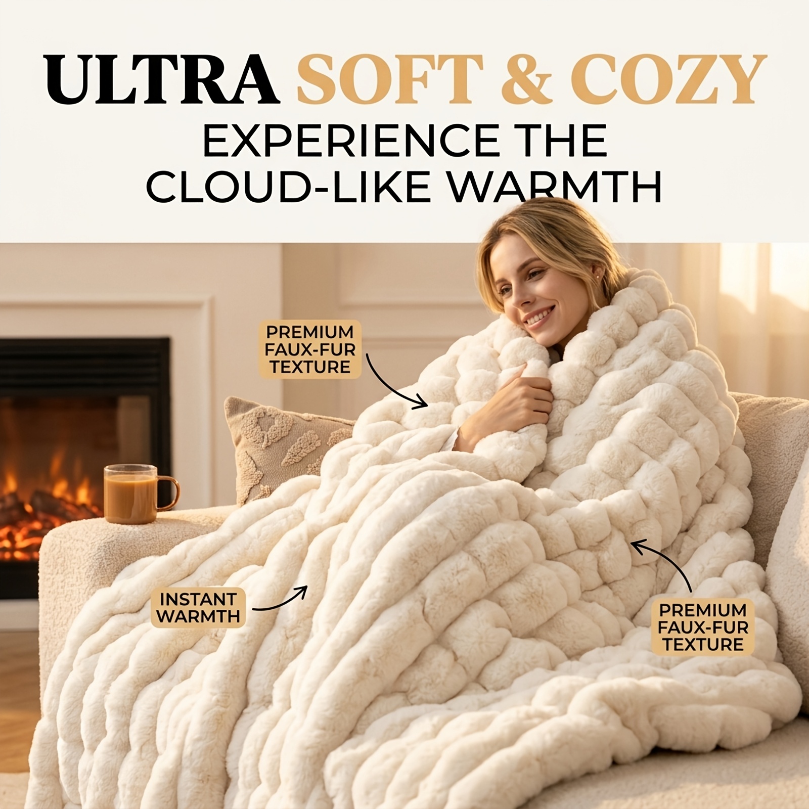 TEMU Ultra Soft Cozy Cloud Like Warmth Faux Fur Throw Blanket, Luxury Bubble Textured Fluffy Thick Plush Blanket, Warm Anti-pilling Decorative Couch