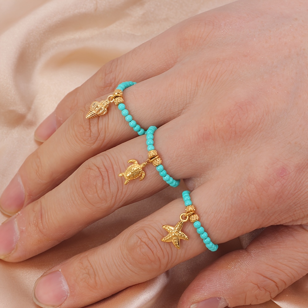 Ocean Style Beaded Ring - Adjustable Turquoise Stone Ring with Charms