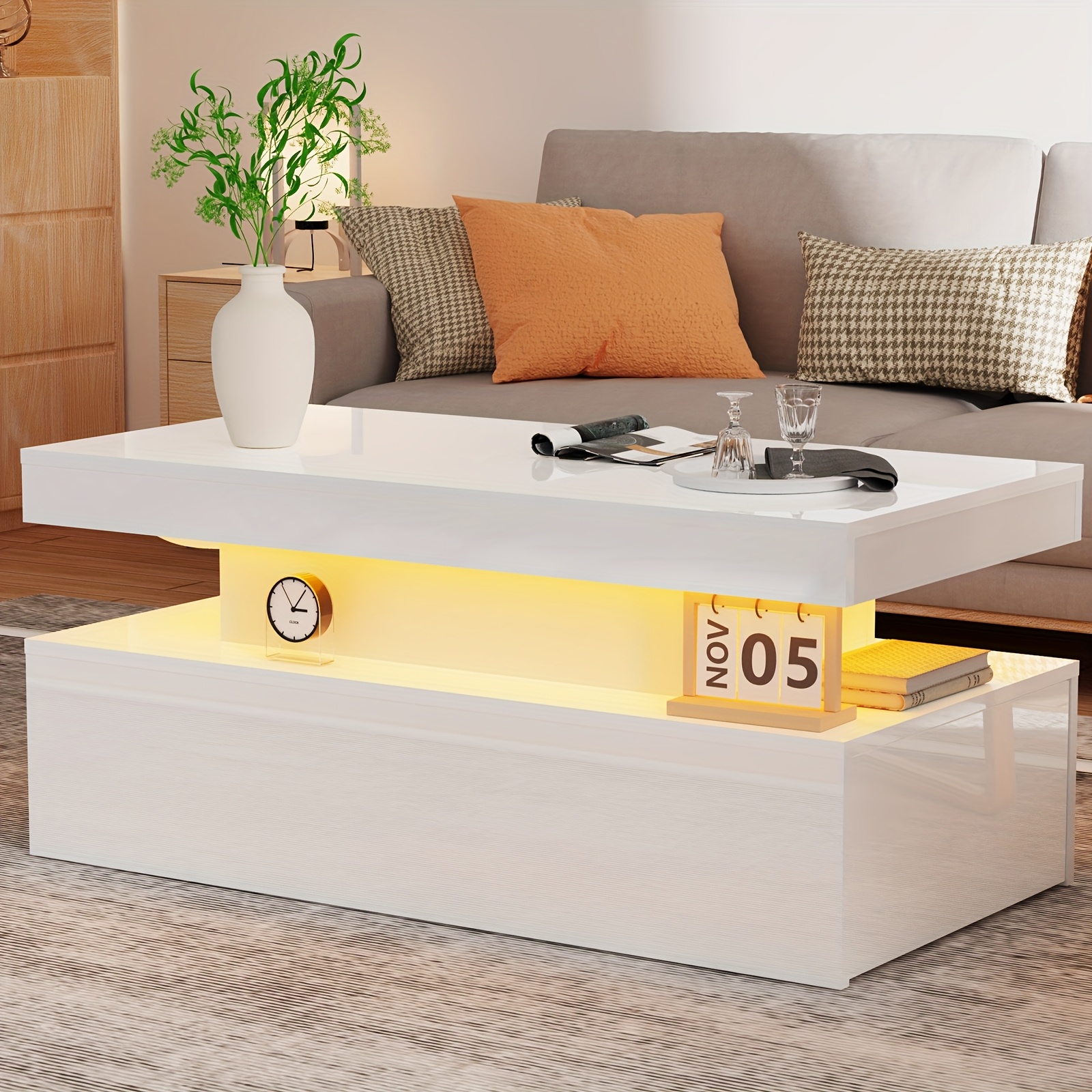 Modern Floating White Coffee Table With Built-in Led Lighting, High-gloss Surface & Sleek Perfect For Living Rooms And Contemporary
