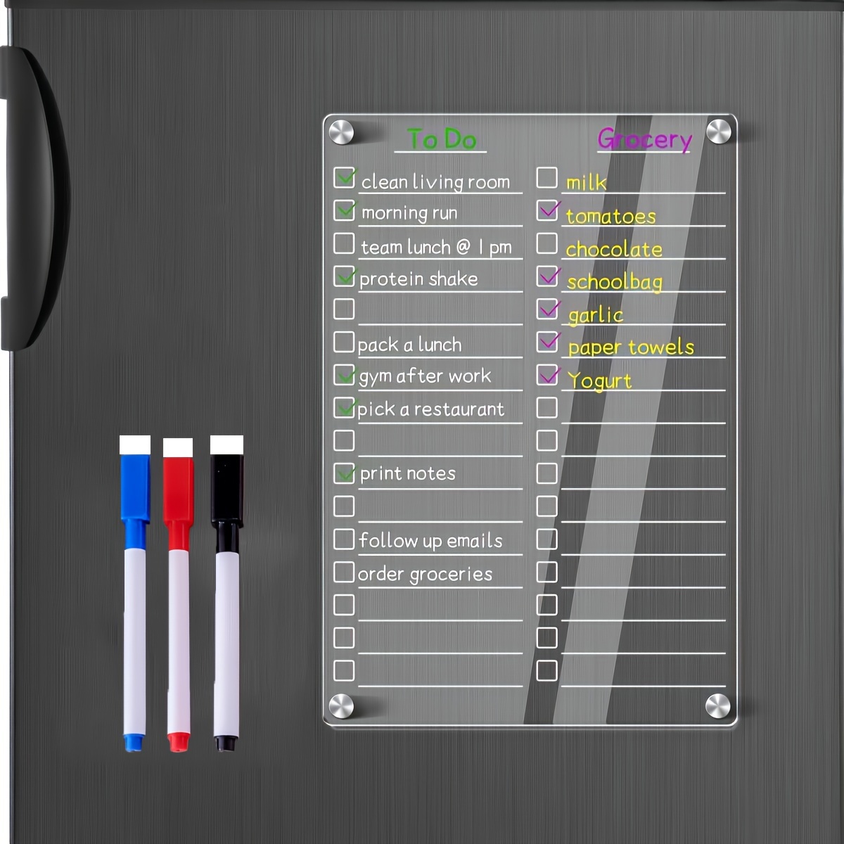 

Acrylic Magnetic Refrigerator Planner Set - Includes 1 12x8 Erase Board With To-do And Shopping , Wet Erase Markers, An Eraser - A Refrigerator Whiteboard With A Magnetic Backing.