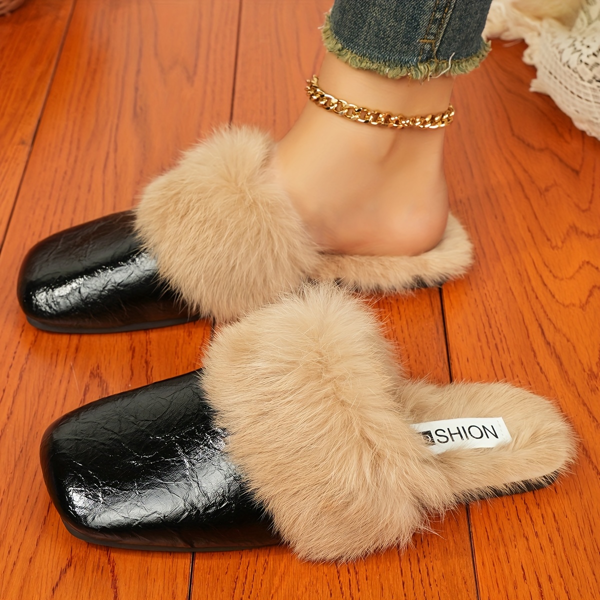 

Women's Shoes Furry Square Head Korean Style Versatile Flat Slippers For Outdoor And Indoor Wear Xyns-2866