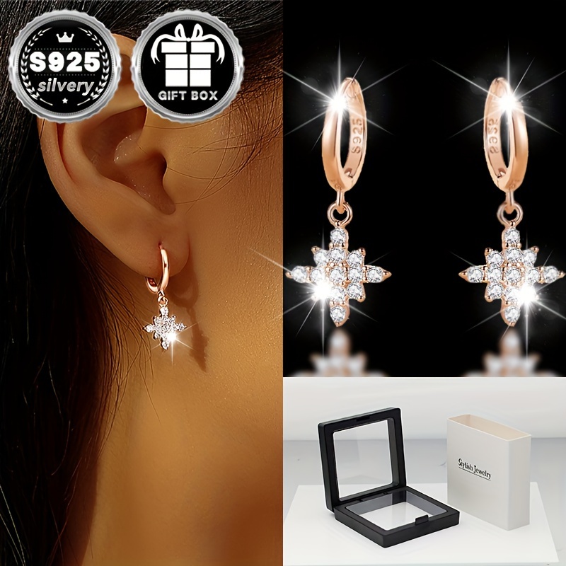 

Vana Elegant 925 Sterling Silver Star Stud Earrings With Zirconia Inlay, Hypoallergenic, Fashion For Daily Wear - 2pcs